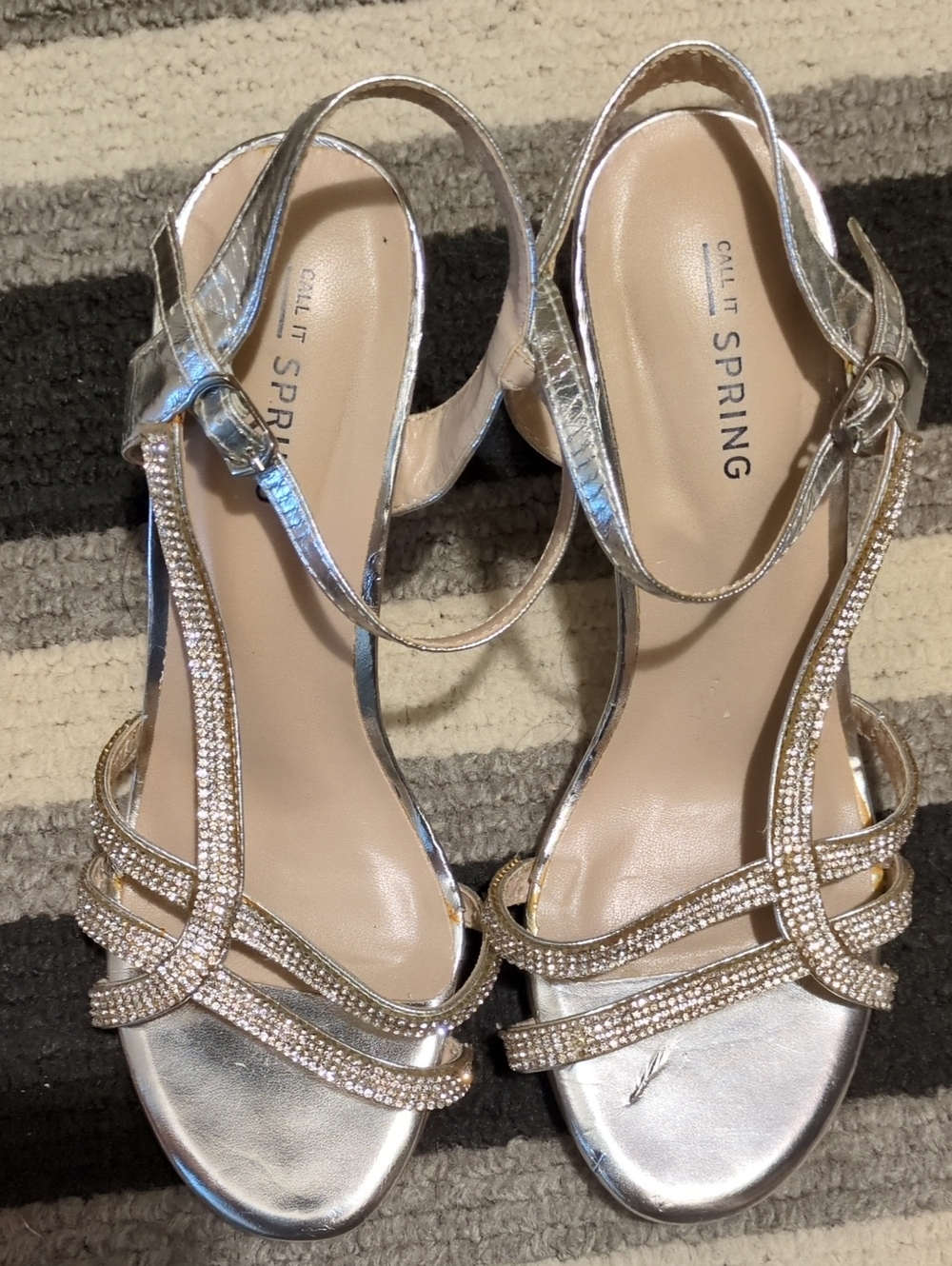 Call It Spring Metallic Silver Rhinestone Strappy Heels